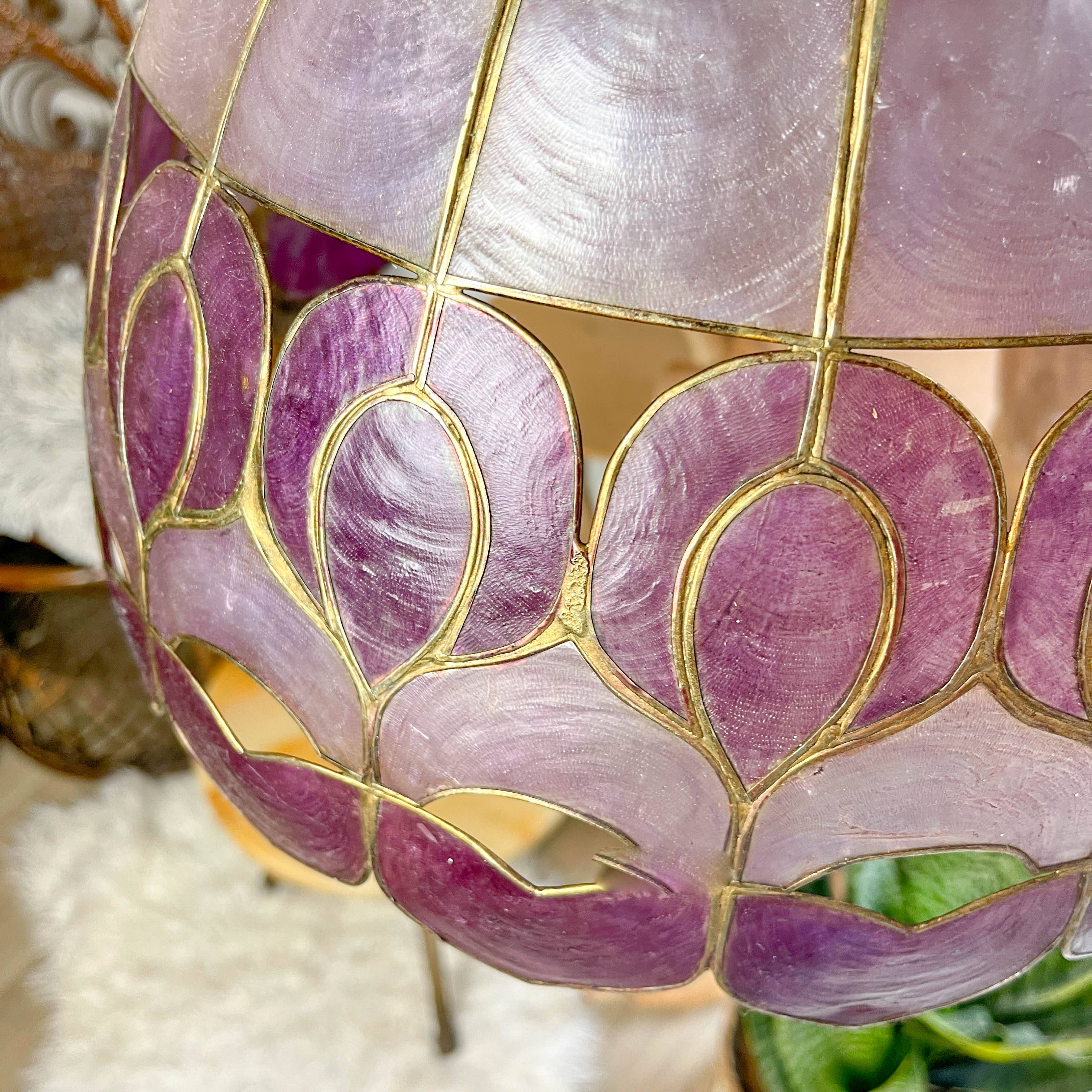 Vintage two-tone purple capiz mother-of-pearl and brass pendant light – art deco style chandelier