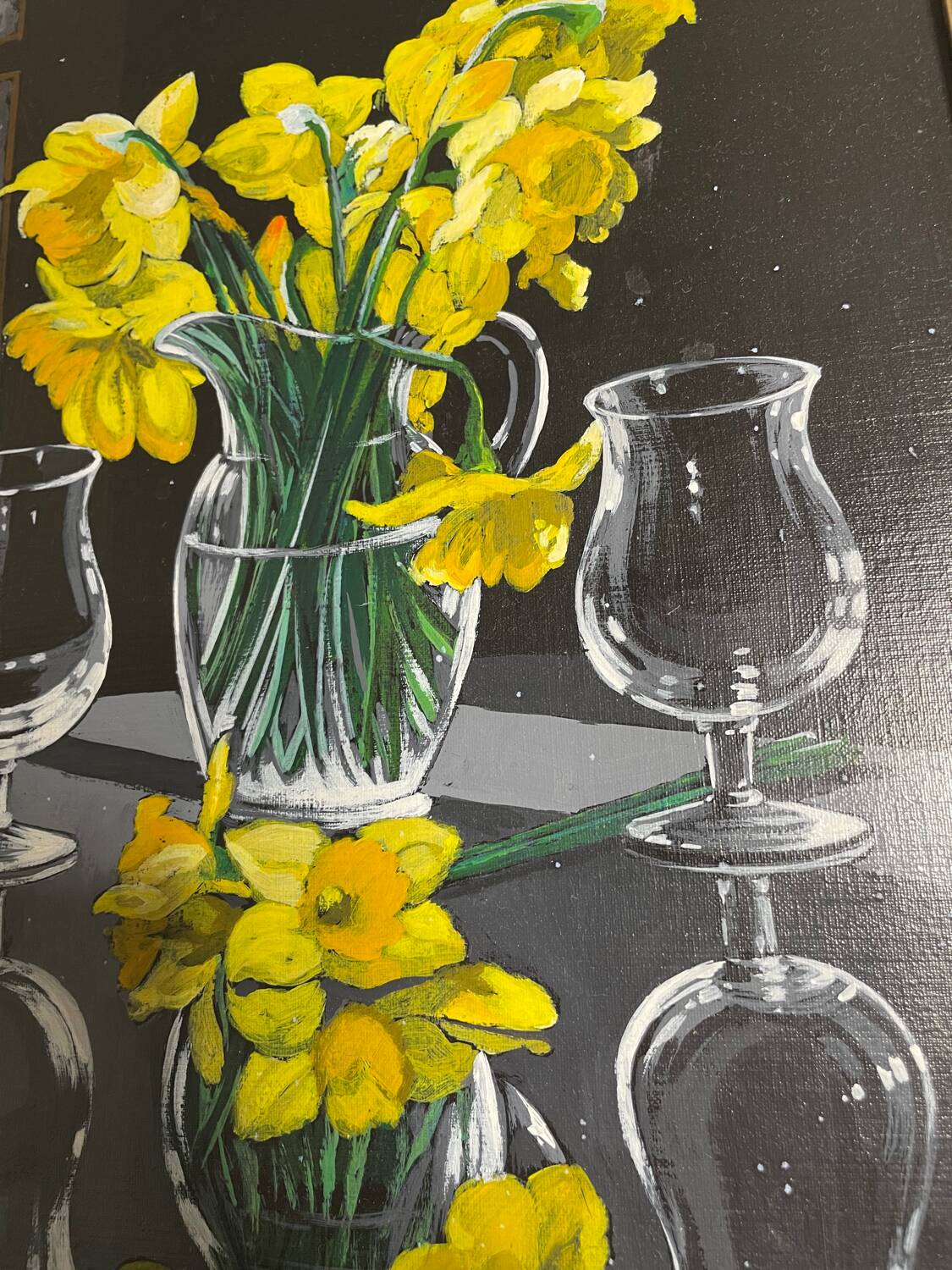 Oil on canvas signed Jordi Vall Escriu Yellow narcissus and two cups