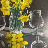 Oil on canvas signed Jordi Vall Escriu Yellow narcissus and two cups