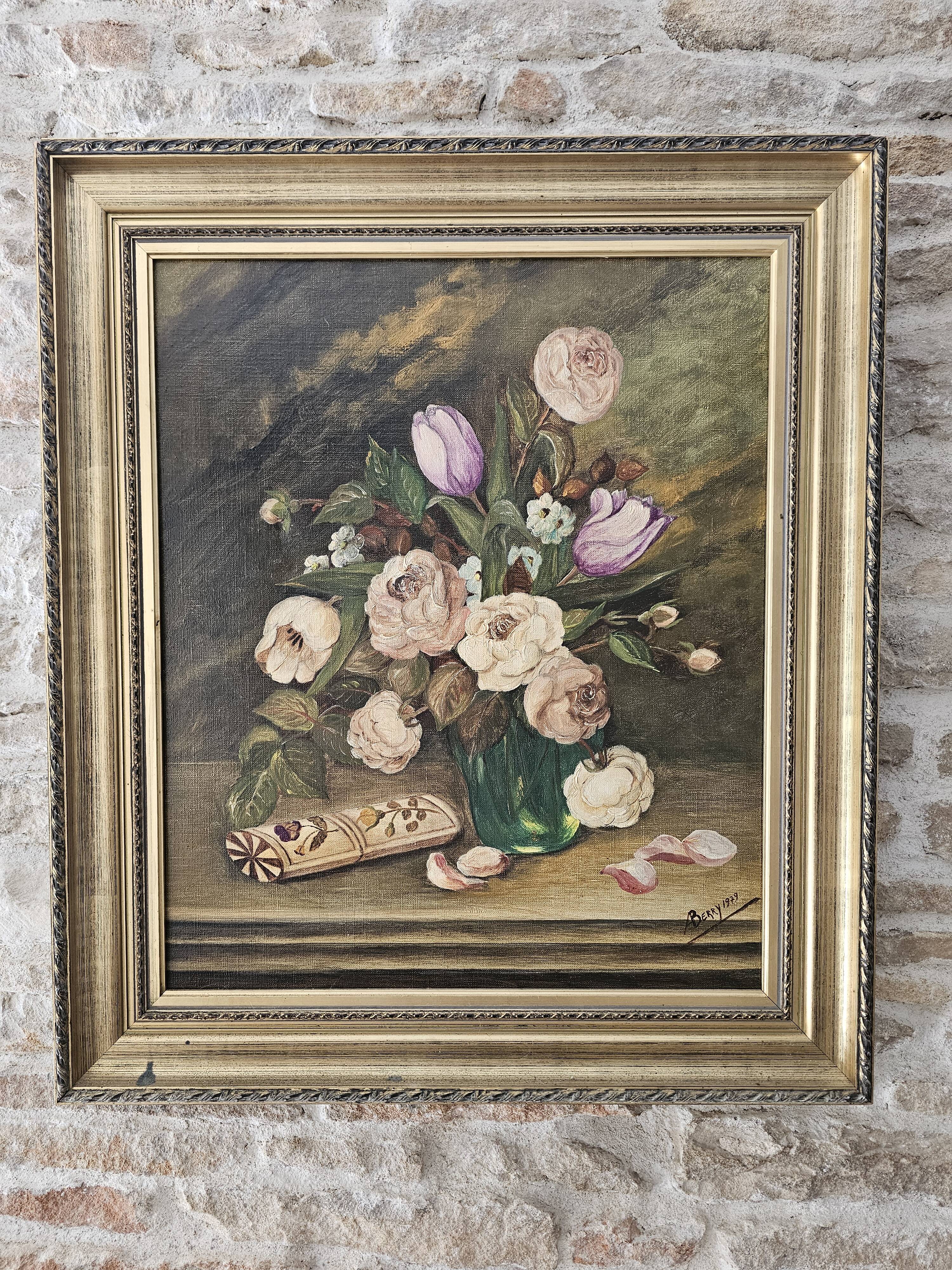Oil on Canvas Table Old Bouquet with Glasses Case Signed Andrée Be