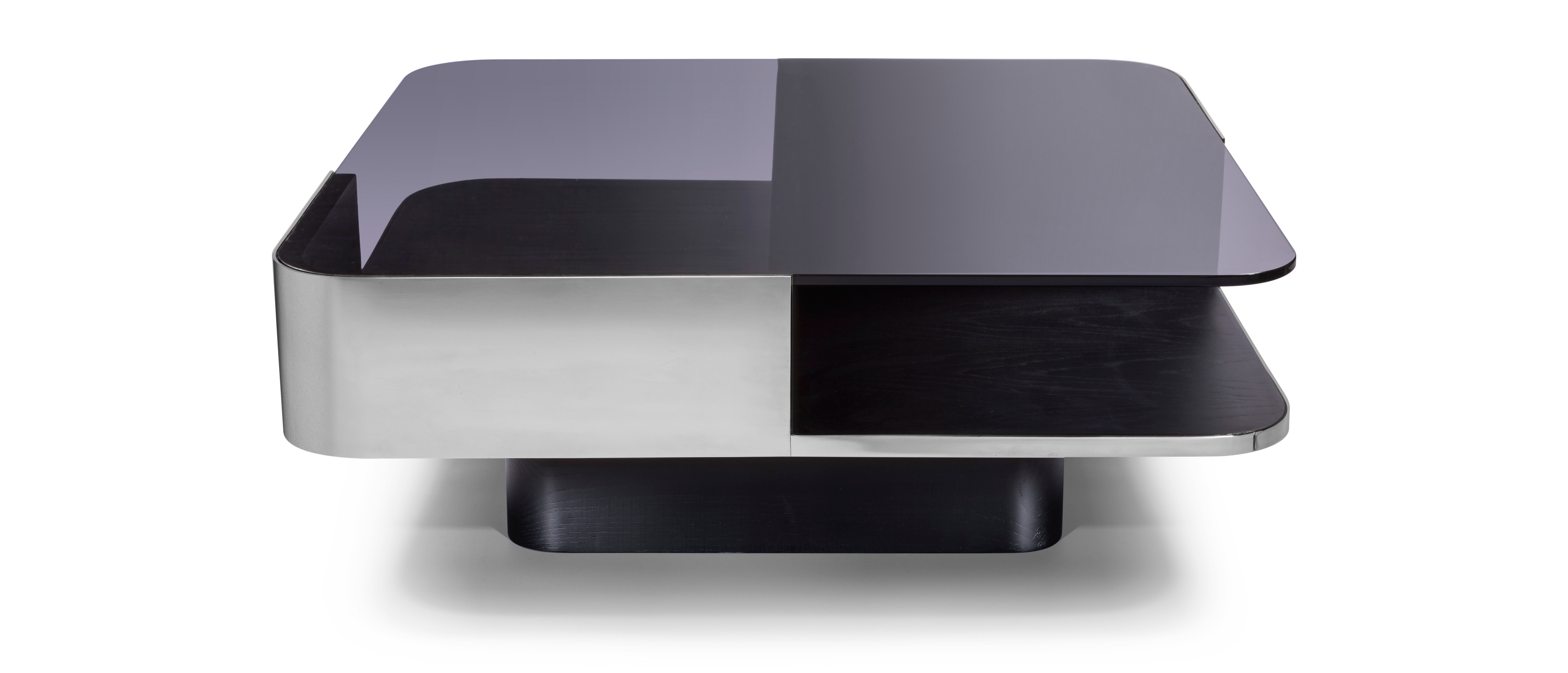 Coffee table lounge, stainless steel strapping - black smoked glass top