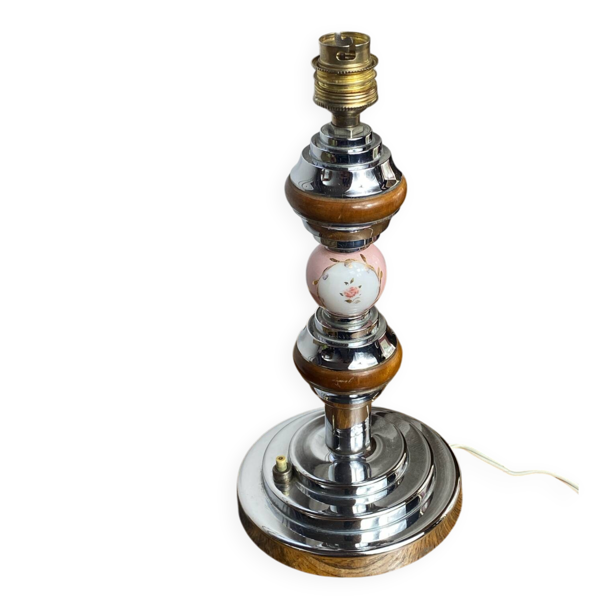 Lamp base in chrome metal, porcelain and wood.