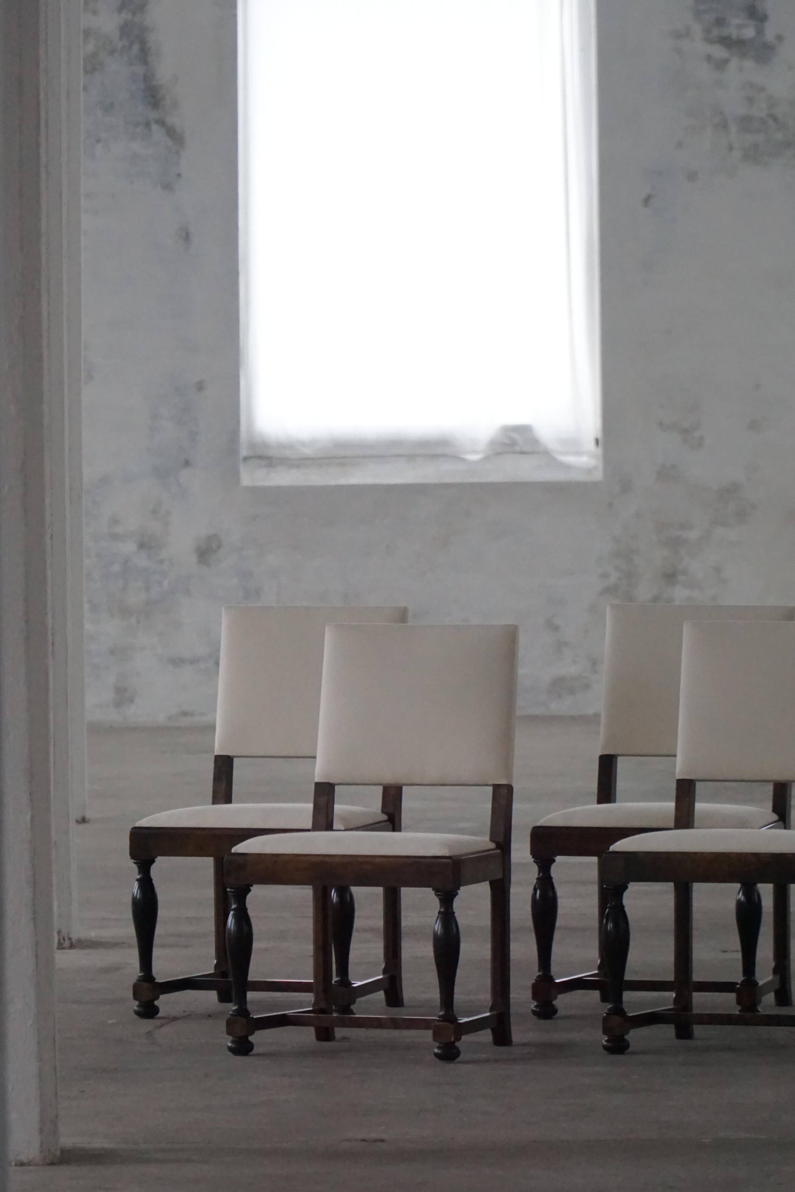 Set of 6 Swedish Grace dining chairs in birch with new upholstery, 1920s.
