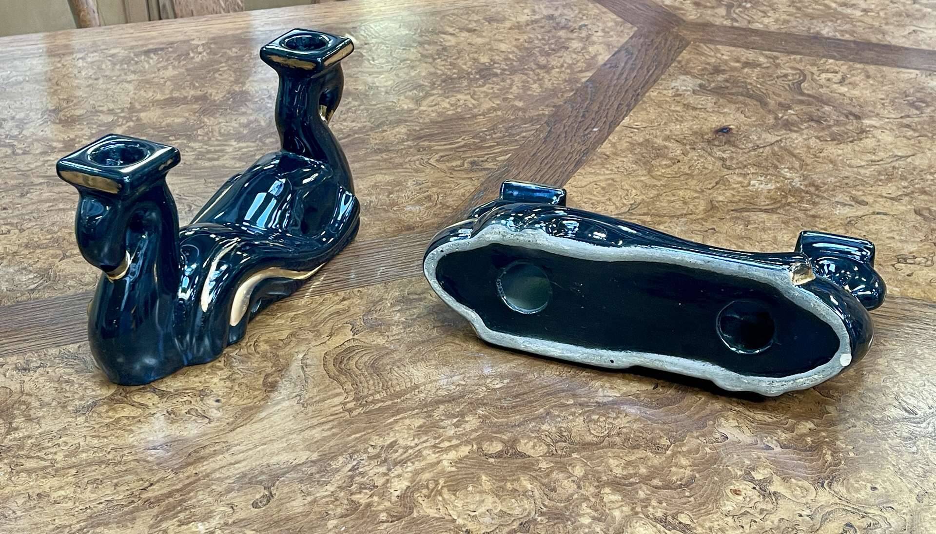 Pair of black and gold Vallauris ceramic candlesticks from the 1970s