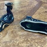 Pair of black and gold Vallauris ceramic candlesticks from the 1970s