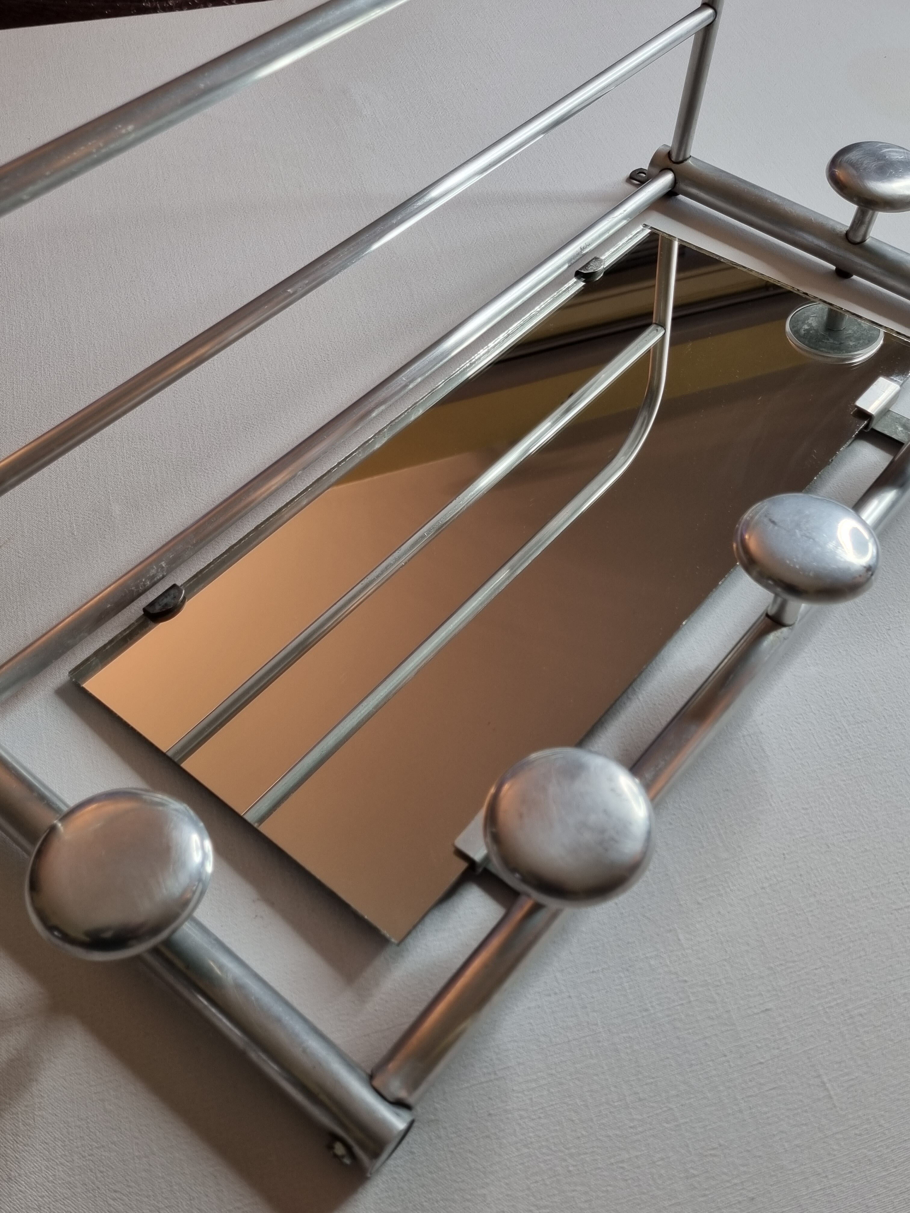 Aluminum wall coat rack with mirror, 5 hooks and a hat holder, 50s