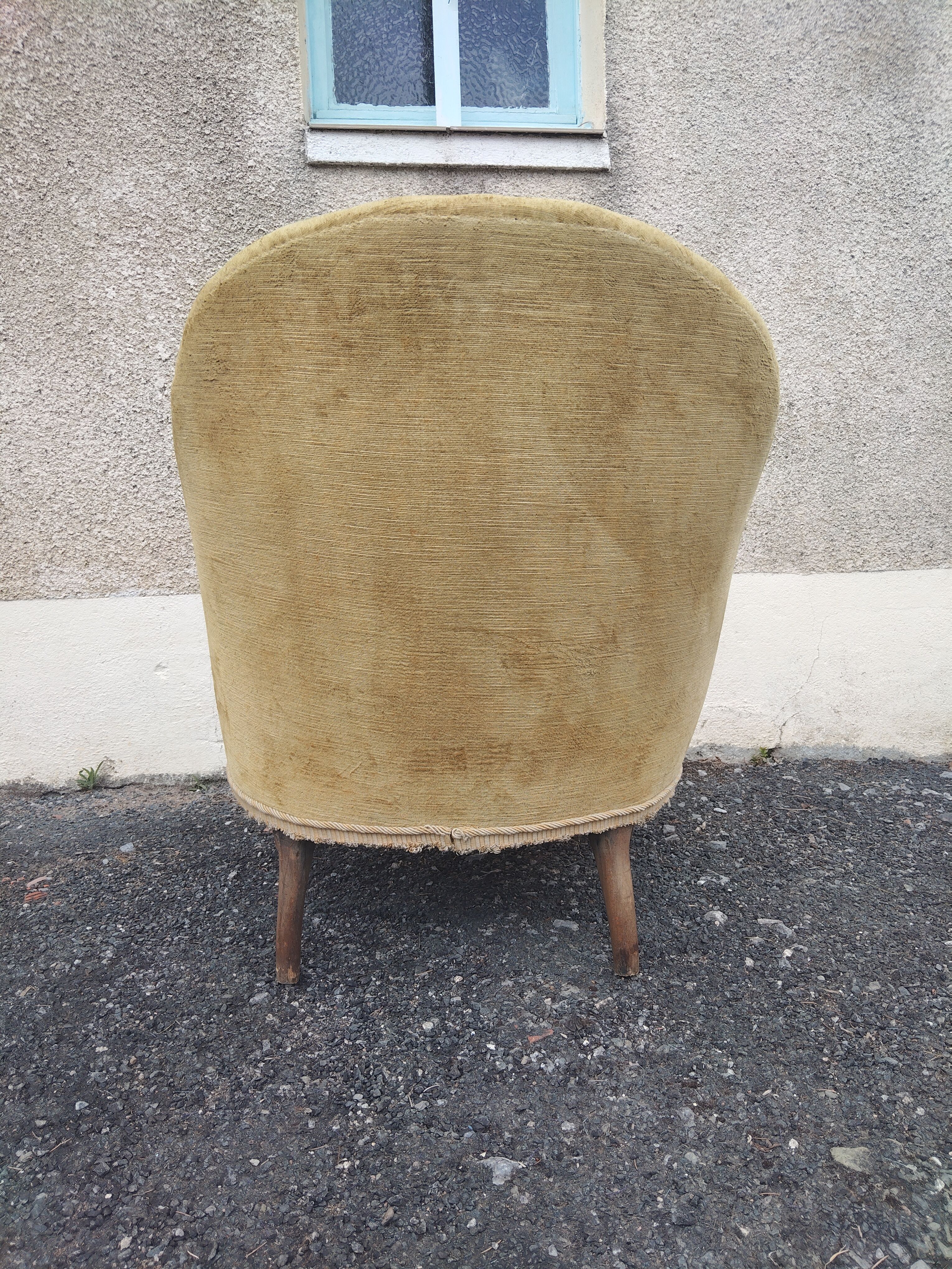 Antique Napoleon III crab chair in patinated mustard velvet.