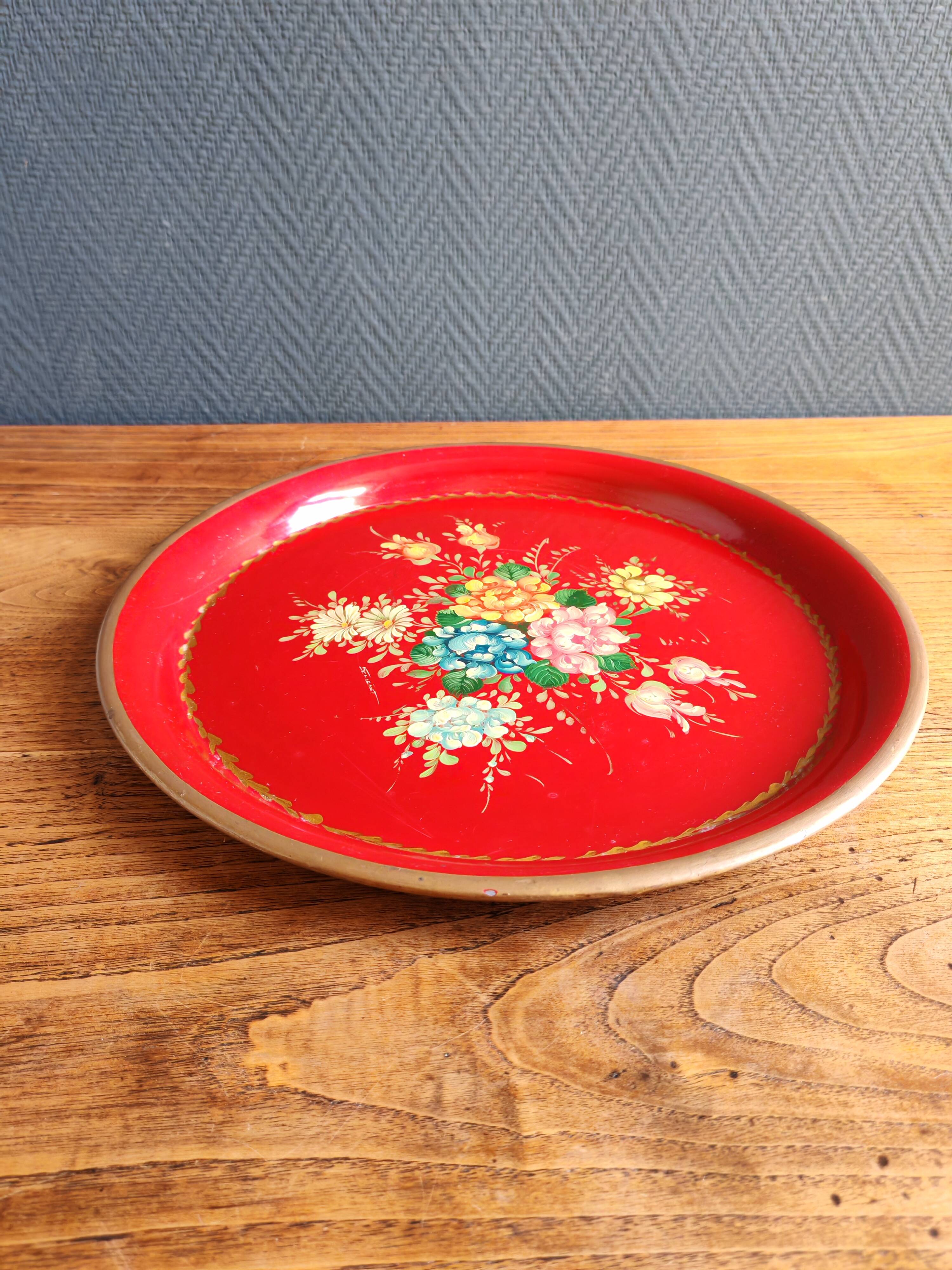 Old Red Plate Signed - Hand-Painted Floral Decoration