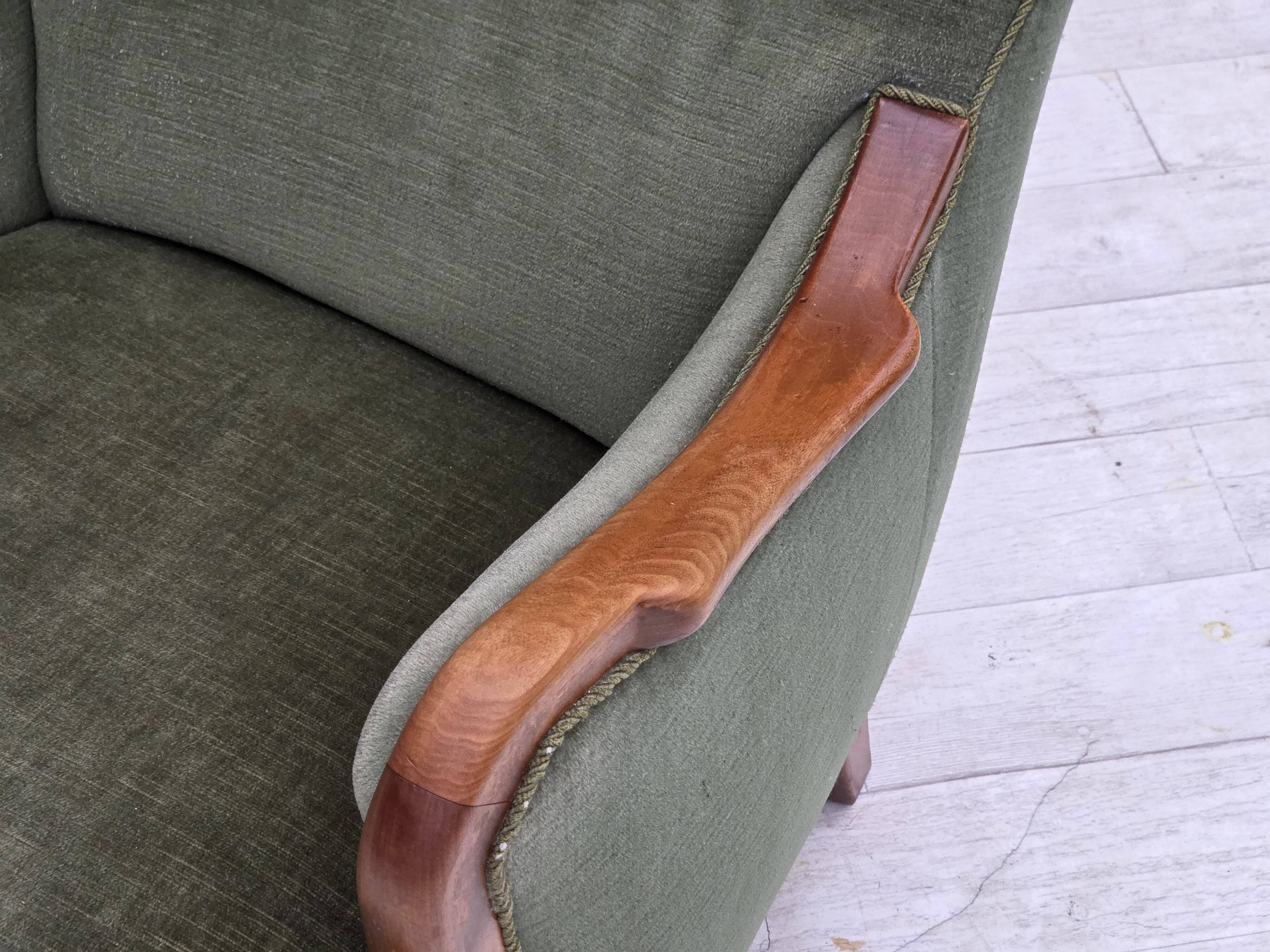 1960s, Danish highback armchair, green furniture velour, teak wood.