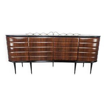 Vittorio Dassi Rosewood Credenza with Black Glass Top, Italian 1940