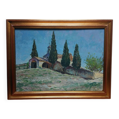 Tableau représentant la chapelle Saint-Sixte d'Eygalières, XXème s.