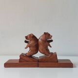 Paire de serre-livres vintage en bois sculpté à la main, décor ours
