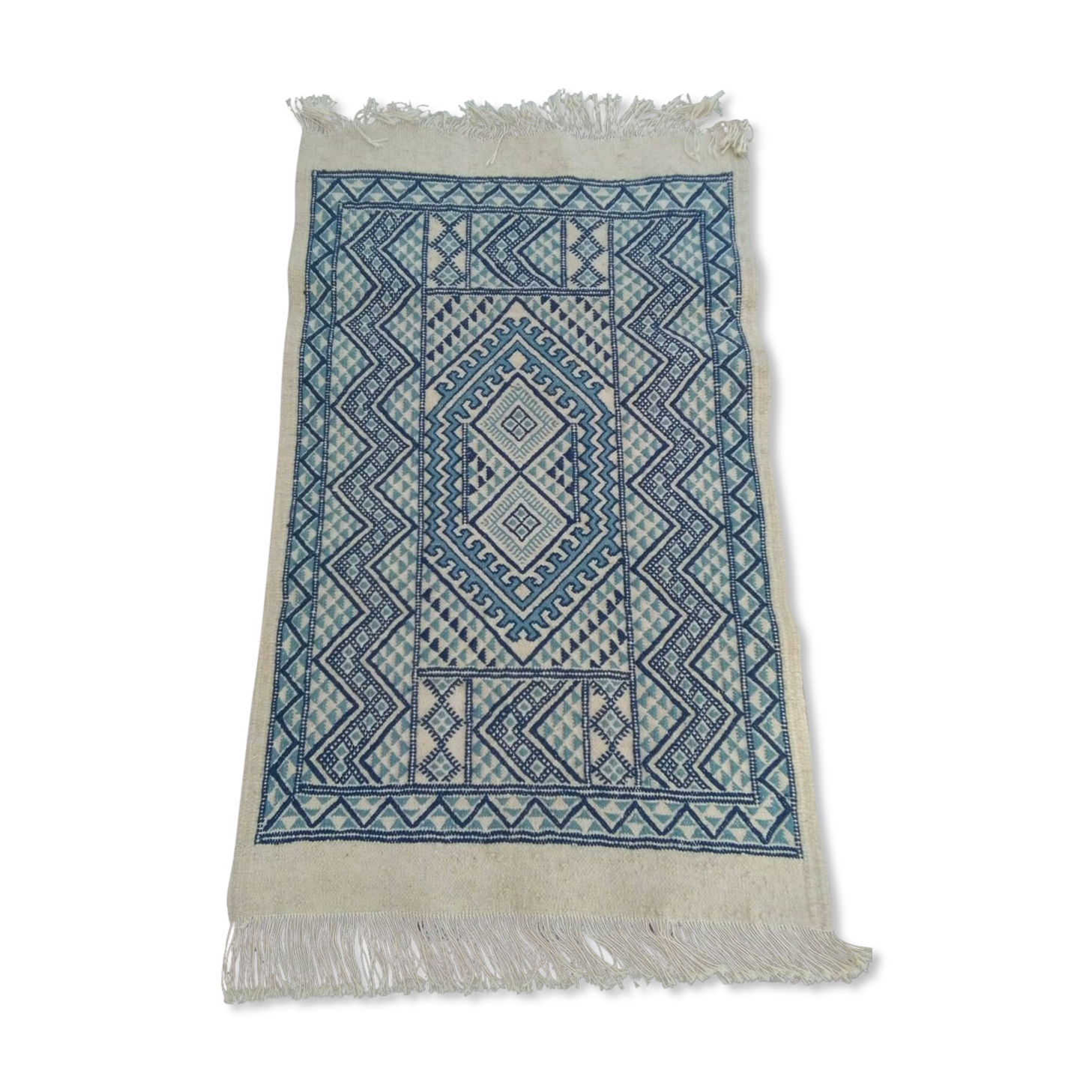 Blue and white Berber carpet wool 120 x 68 cm
