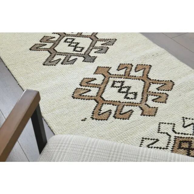 1970s Vintage Turkish Hand-Knotted Wool Cotton Beige Runner Rug 87x366