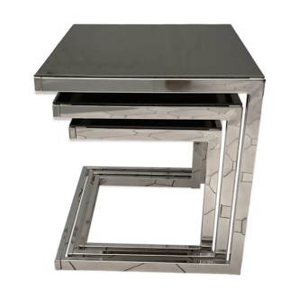 Table gigogne chrome et verre fumé
