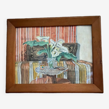 Watercolor on still life paper by Varnier natural wooden frame 20th century