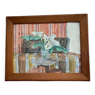 Watercolor on still life paper by Varnier natural wooden frame 20th century