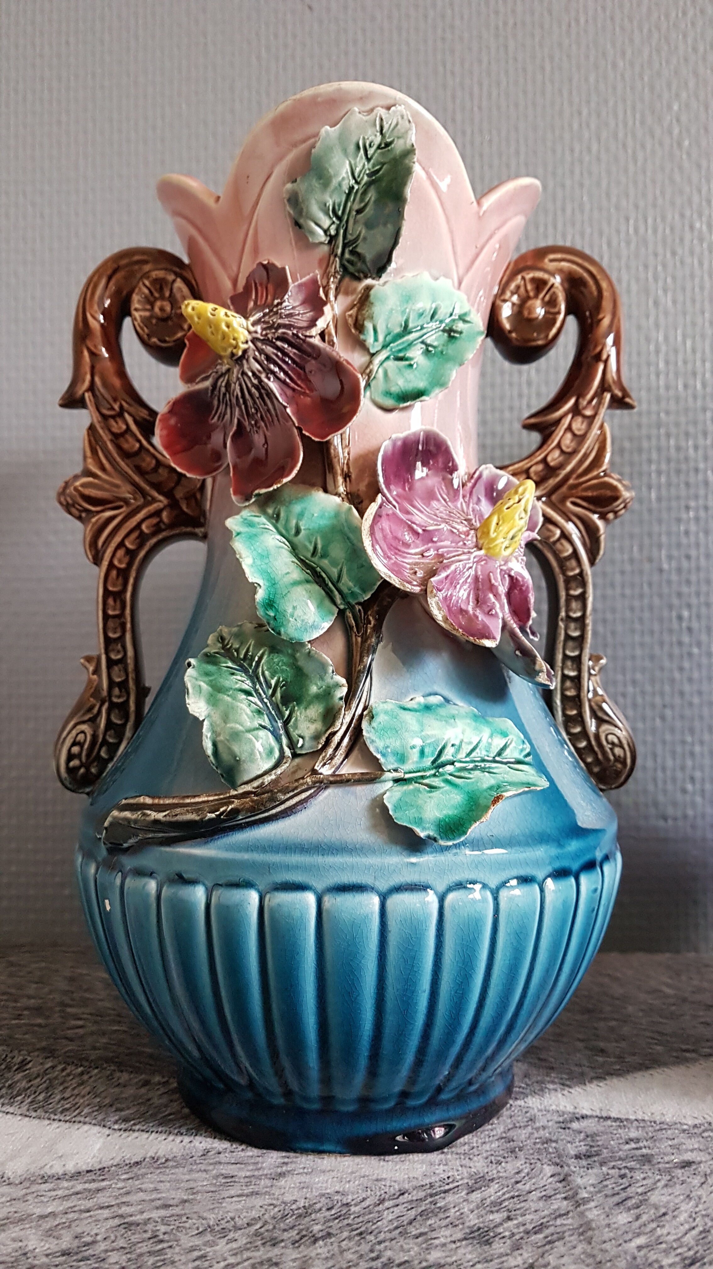 blue and pink art deco polychrome dabbling vases with floral decoration