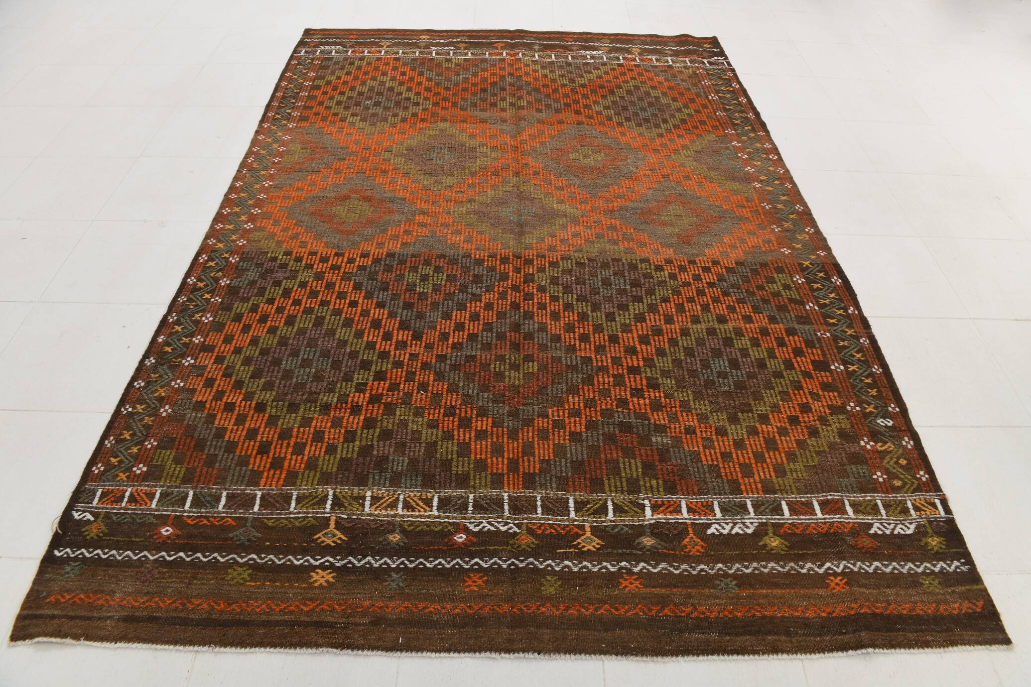 Tapis Kilim Tribal Vintage – Motifs Géométriques Terre & Orange, 207x301 Cm
