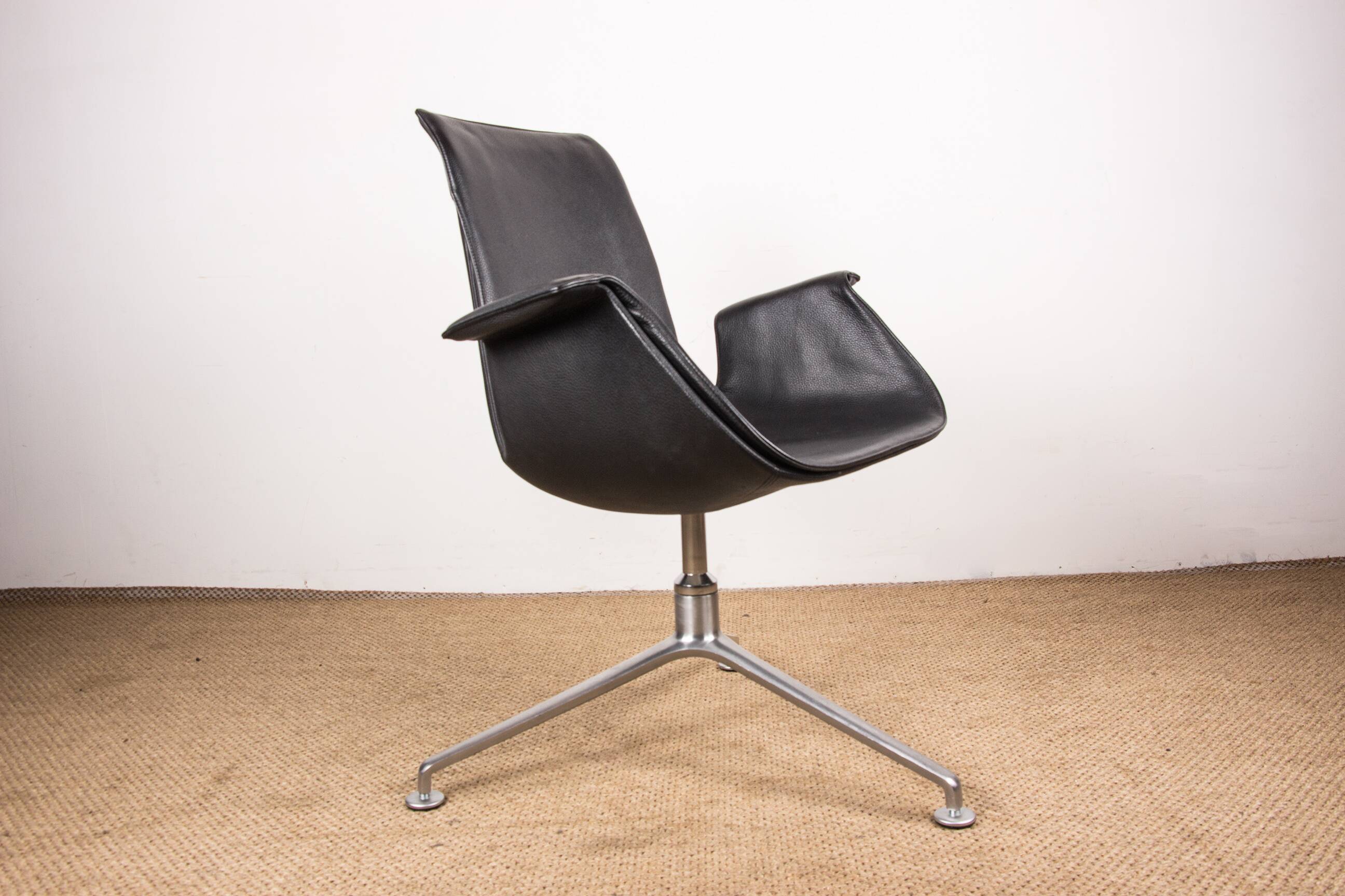 Danish armchair in black leather and chromed steel, model fk 6725 or “tulip chair” by preben fabricius