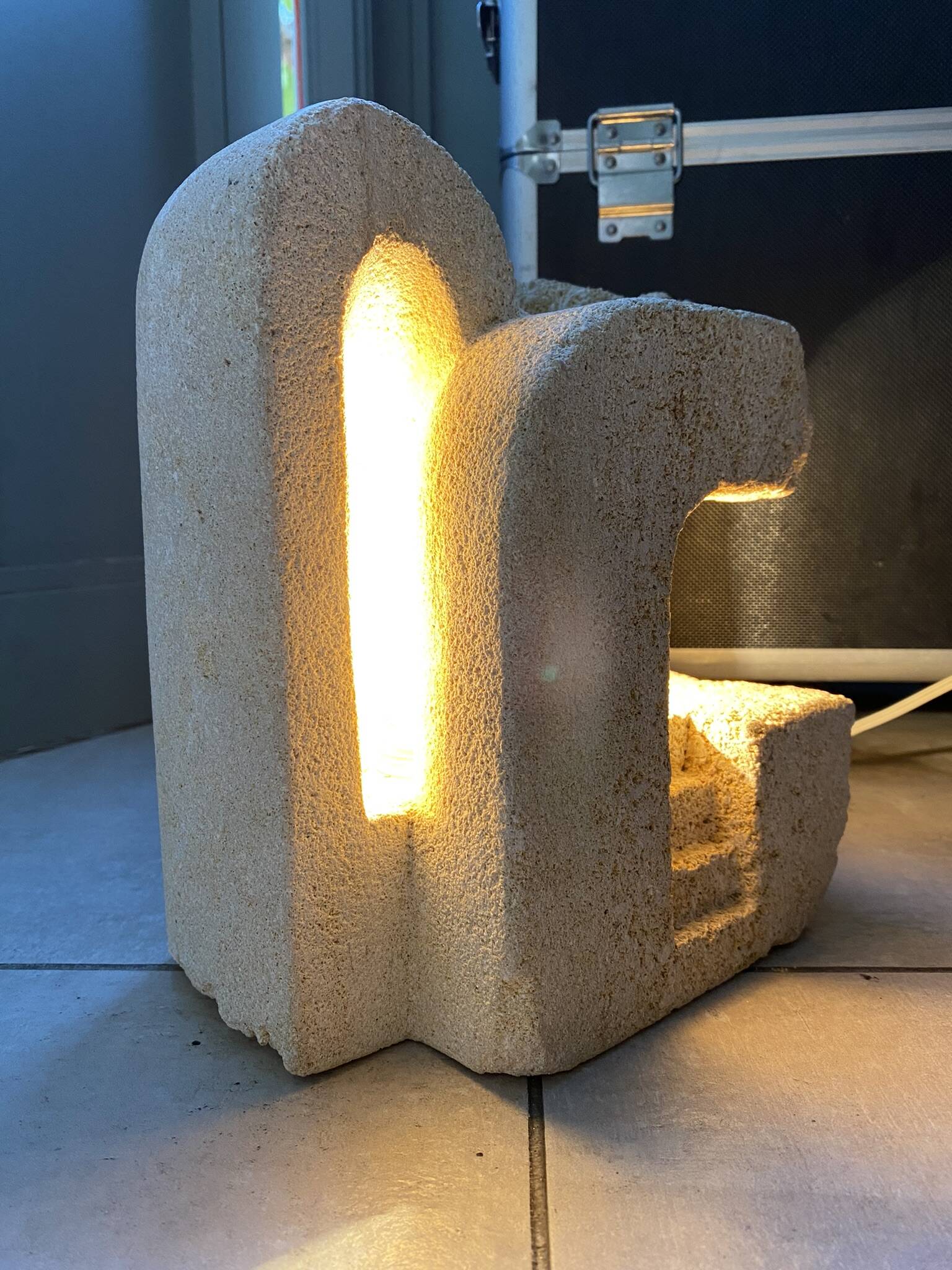 Brutalist limestone lamp signed AC Masson 1970