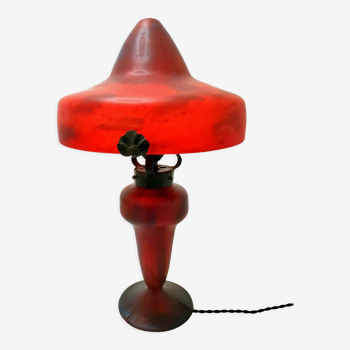 Lampe champignon art-nouveau signée schneider charles - pied et abat-jour en pâte de verre