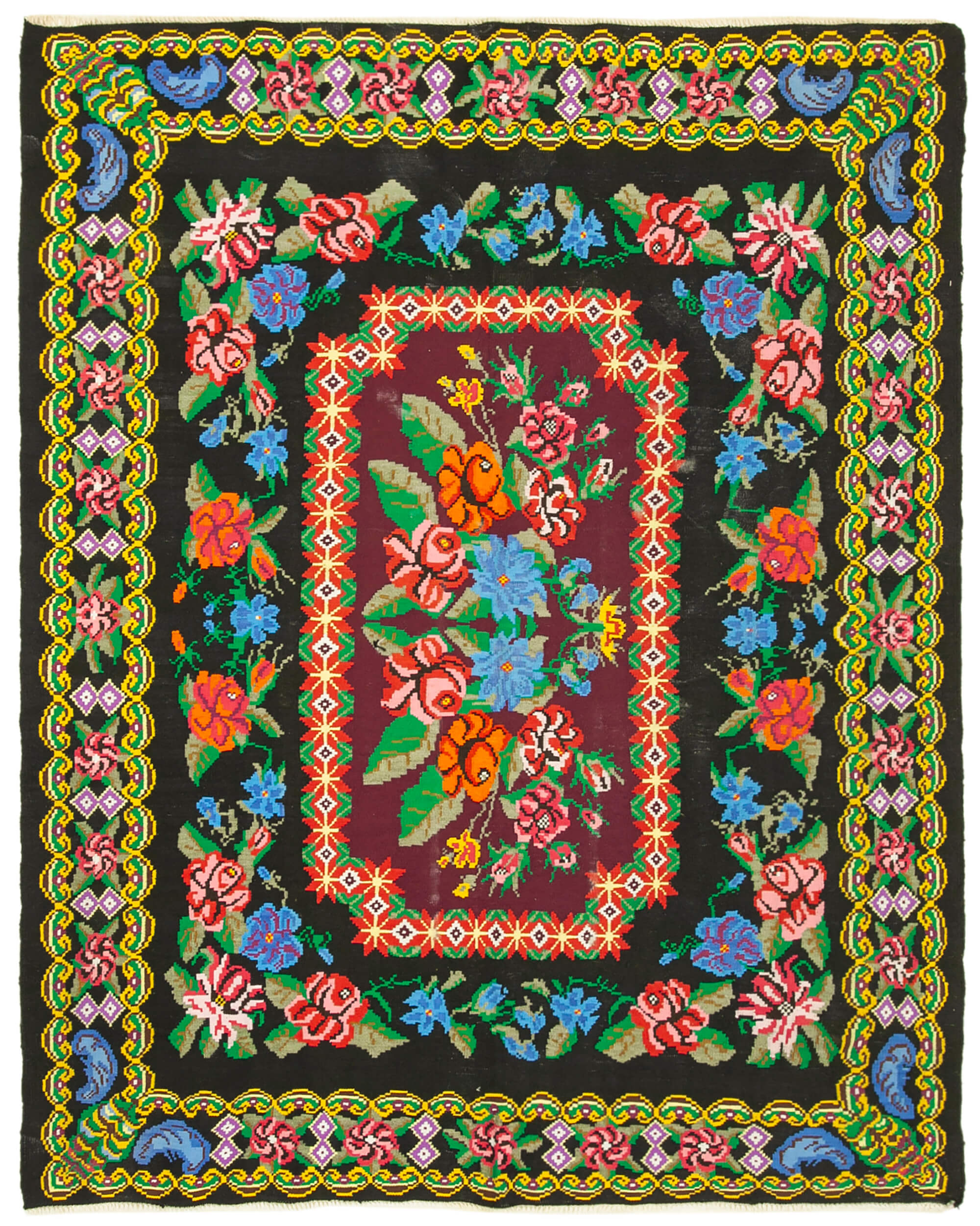 Handwoven Vintage Flatweave Black Kilim 216 cm