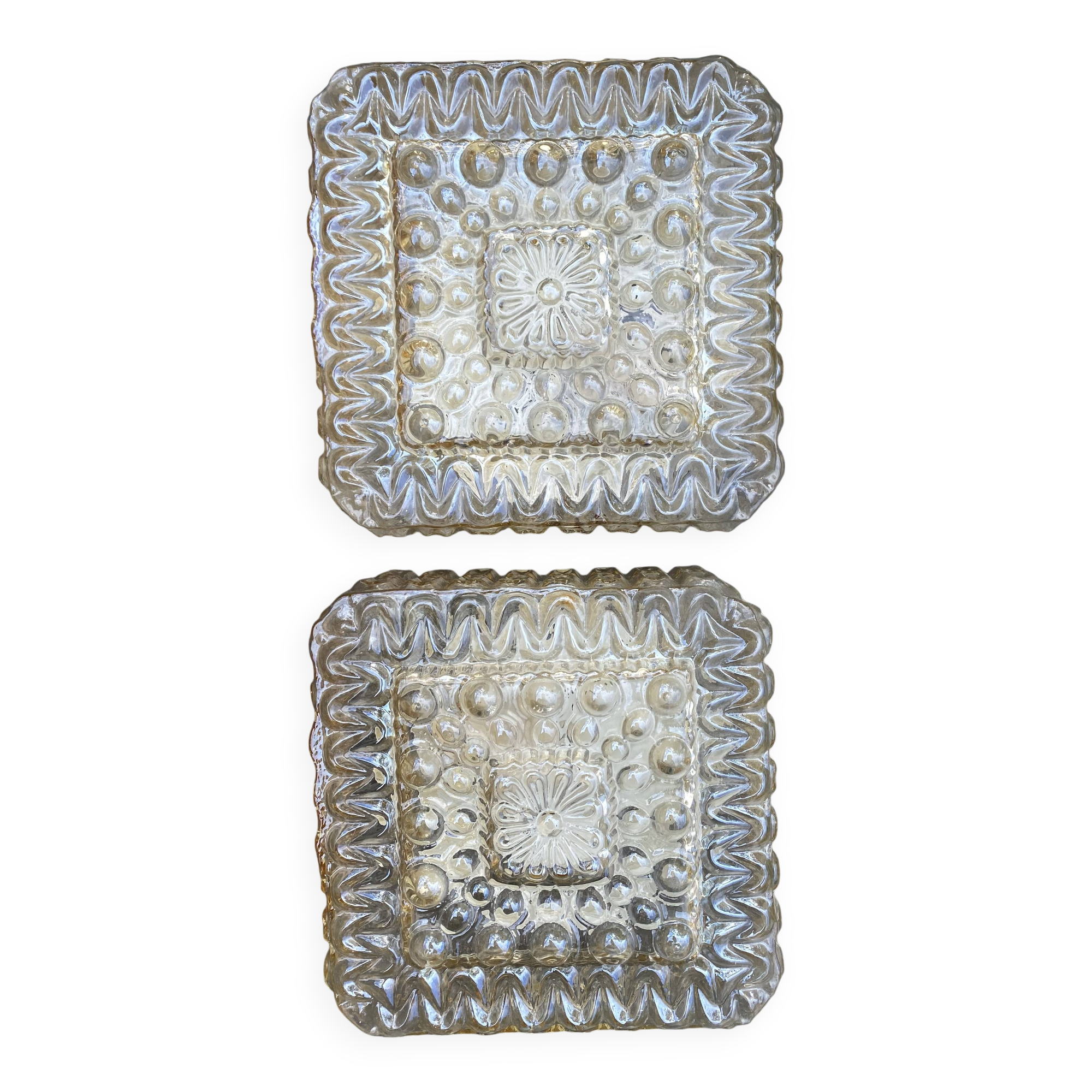 2 square ceiling lights in amber glass, 70s-80s