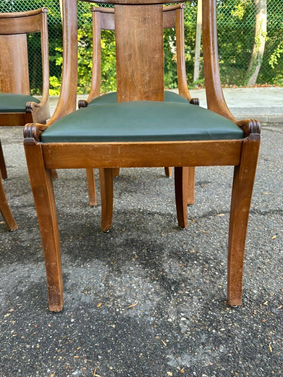 4 gondola chairs, Charles X restoration, solid wood and green leather, 19th century.
