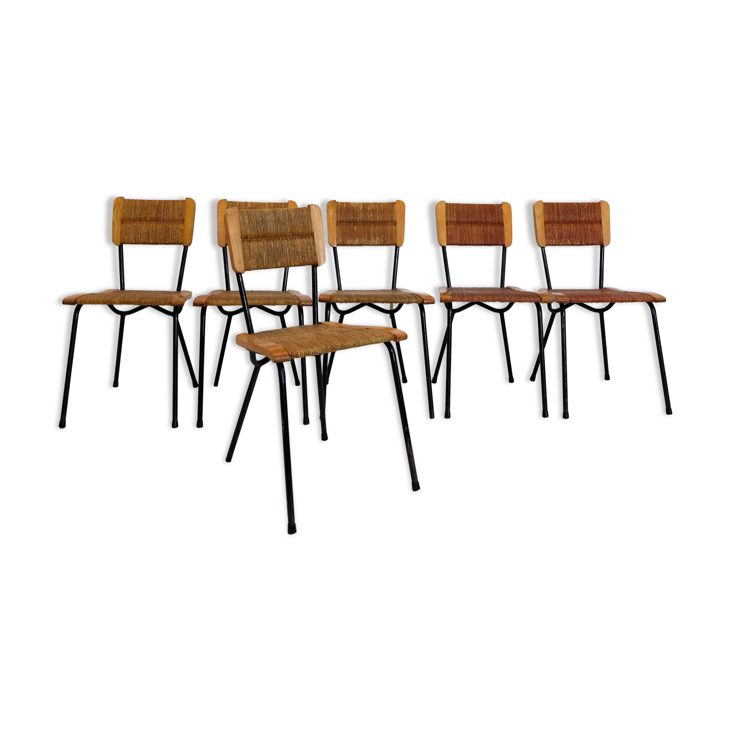 Suite of 6 chairs, wood straw and metal from the 50s
