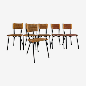 Suite de 6 chaises, paille bois et métal des années 50