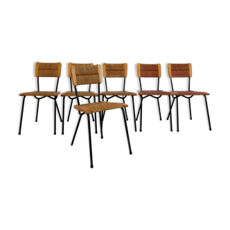 Suite of 6 chairs, wood straw and metal from the 50s