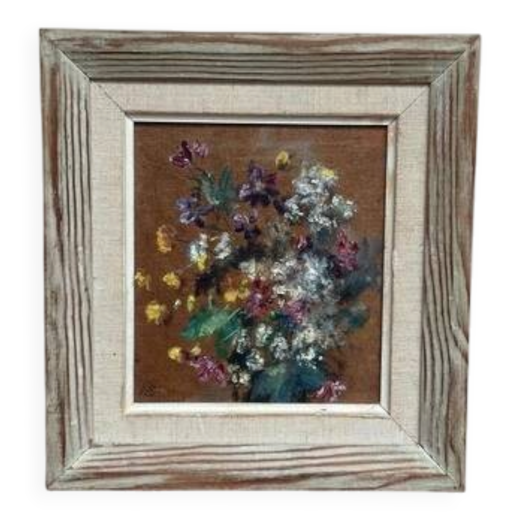 Mid-Century Oil on Panel “Flowers” by Unknown, Vintage & Framed
