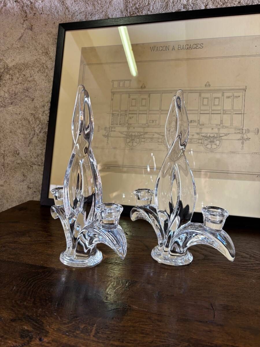 Pair of crystal candlesticks Vannes le Chatel Lorraine