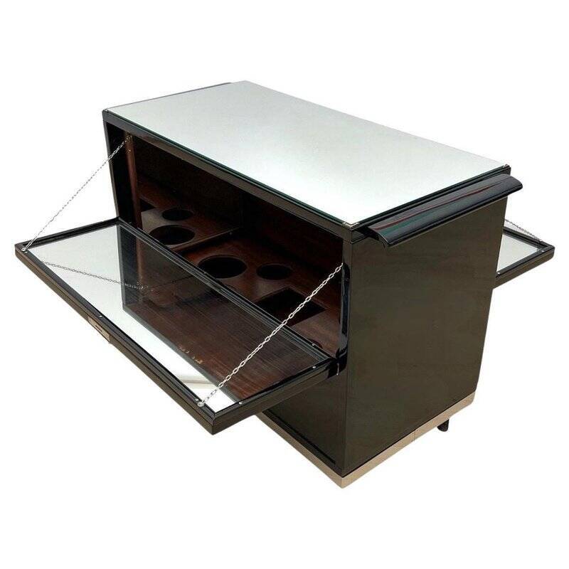 Art Deco Bar Cart in Black Lacquered Mahogany, Mirrored Glass & Chrome, France, 1930