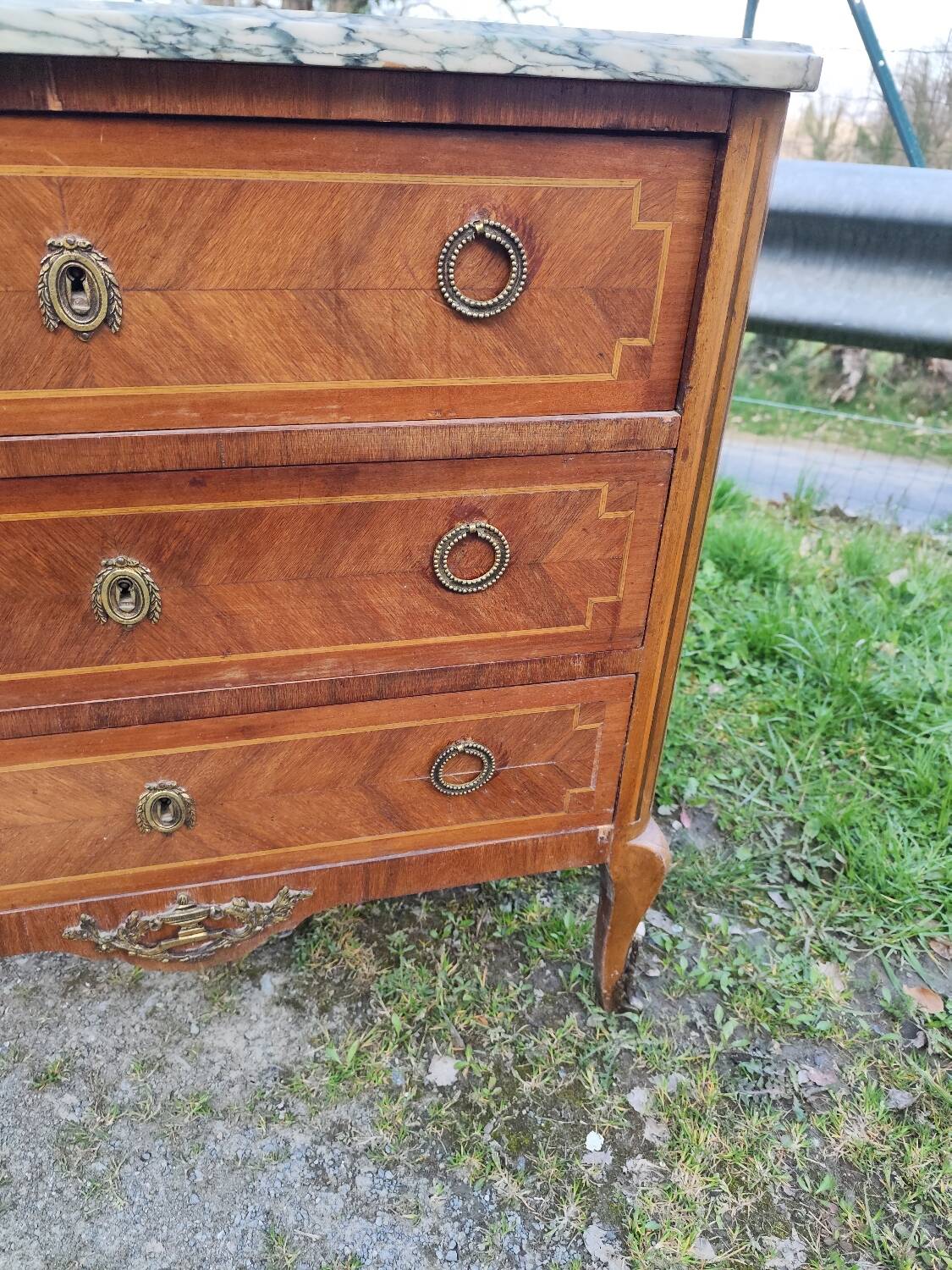 Louis XV, Louis XVI transitional style chest of drawers in marble and wood marquetry