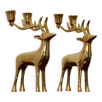 Paire de bougeoirs en laiton style cerfs du milieu du siècle