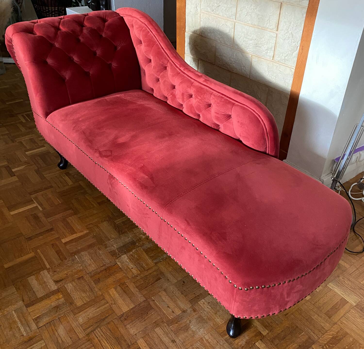 Chesterfield daybed in raspberry red velvet left side