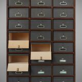 Industrial filing cabinet in wood with 30 original cardboard storage boxes, Belgium, 1920s
