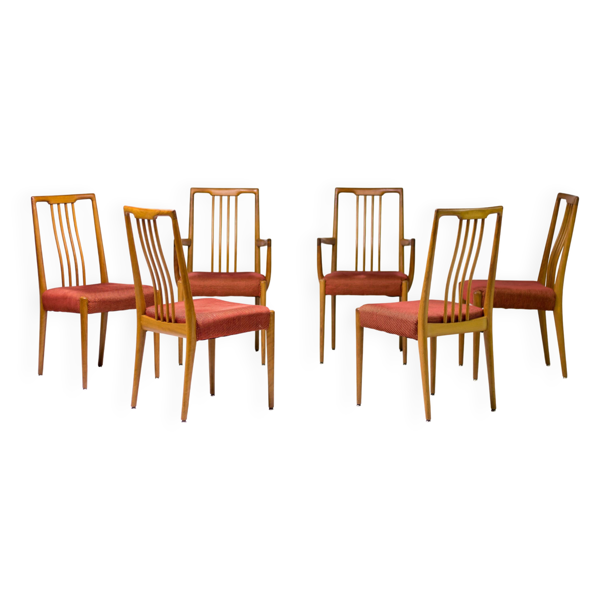 Set of six carved walnut dining chairs, Italy, 1955