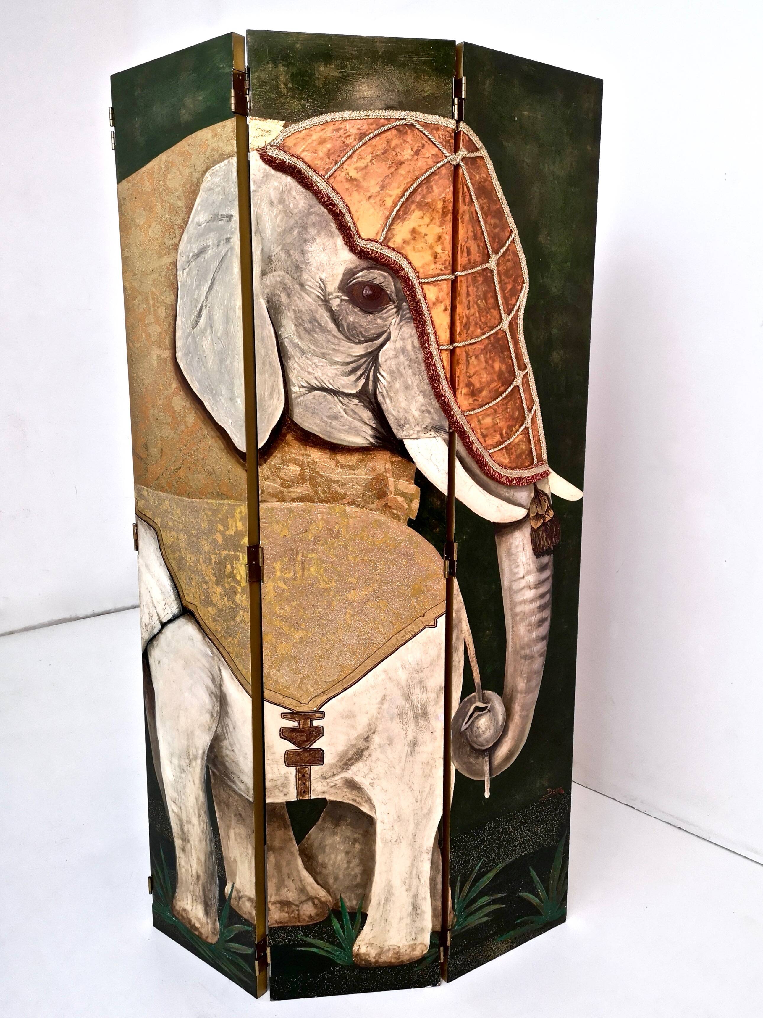 Postmodern five-panel room divider by doro with two asiatic elephants, italy