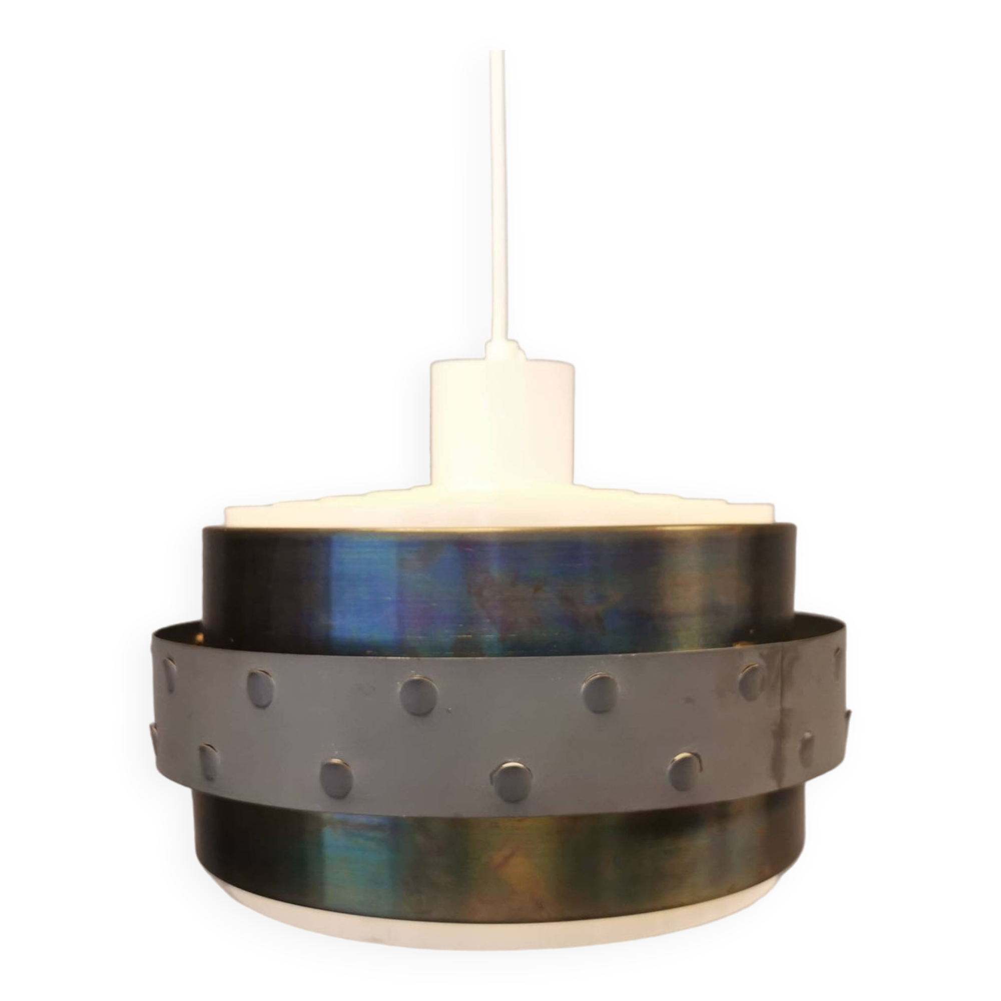 Metal hanging lamp with top and bottom grid of hard moulded plastic. Estimated 1970s.