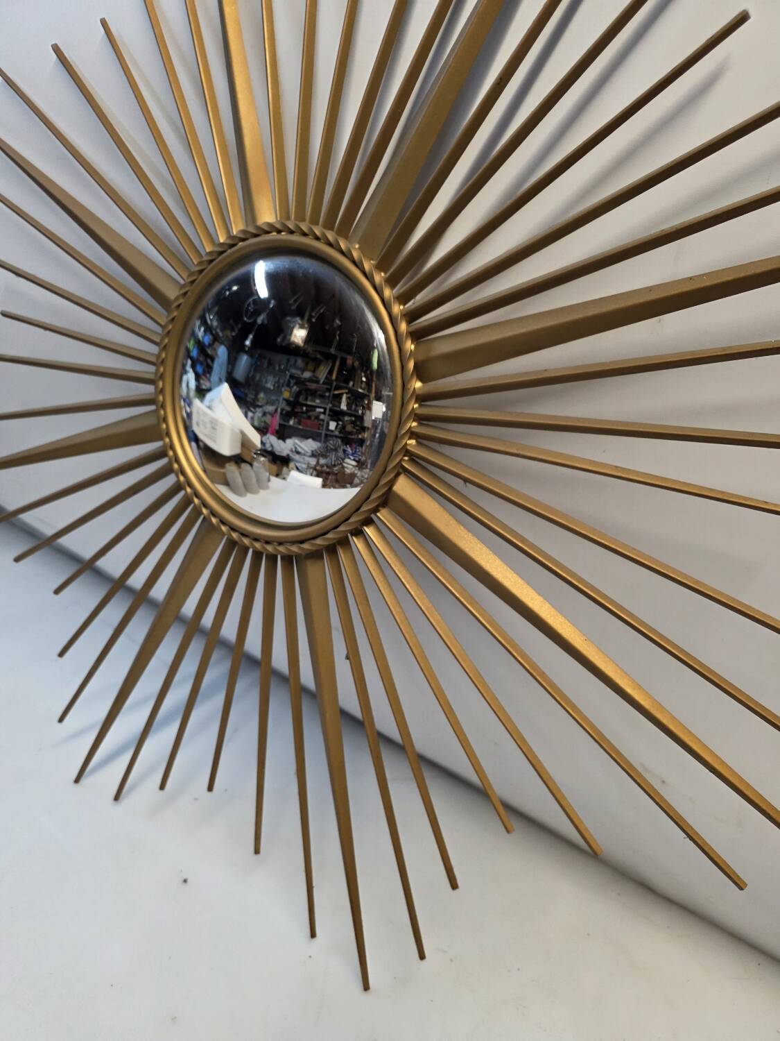 Golden metal witch's eye sun mirror from the 70s, 86cm.