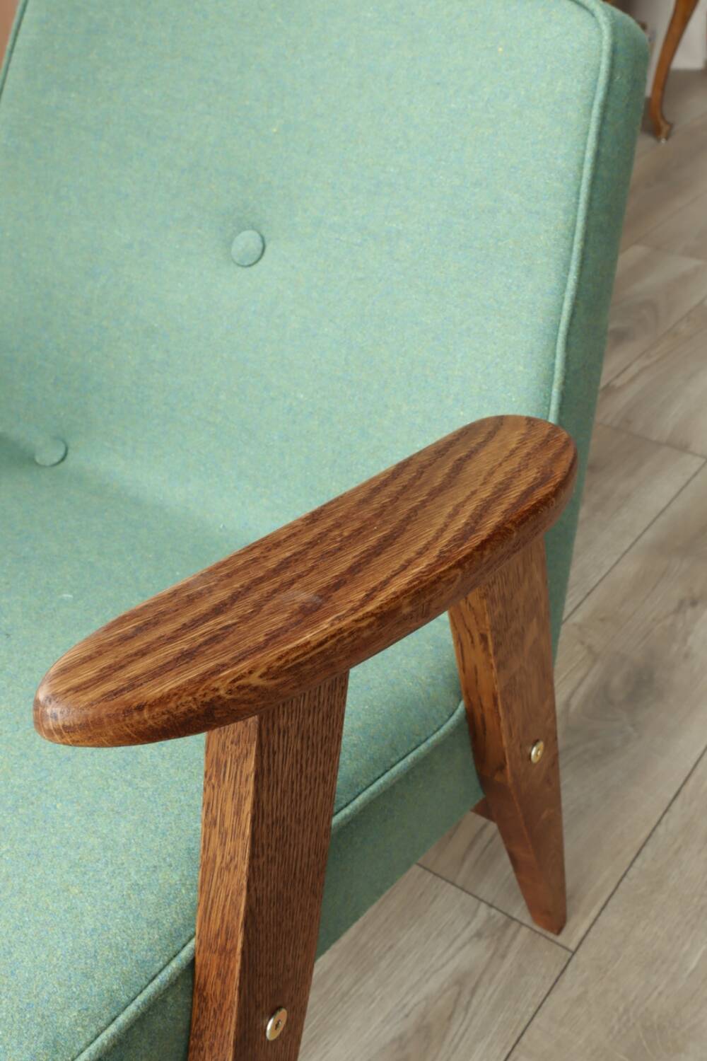 Vintage rustic oak armchair in green wool, 1960s