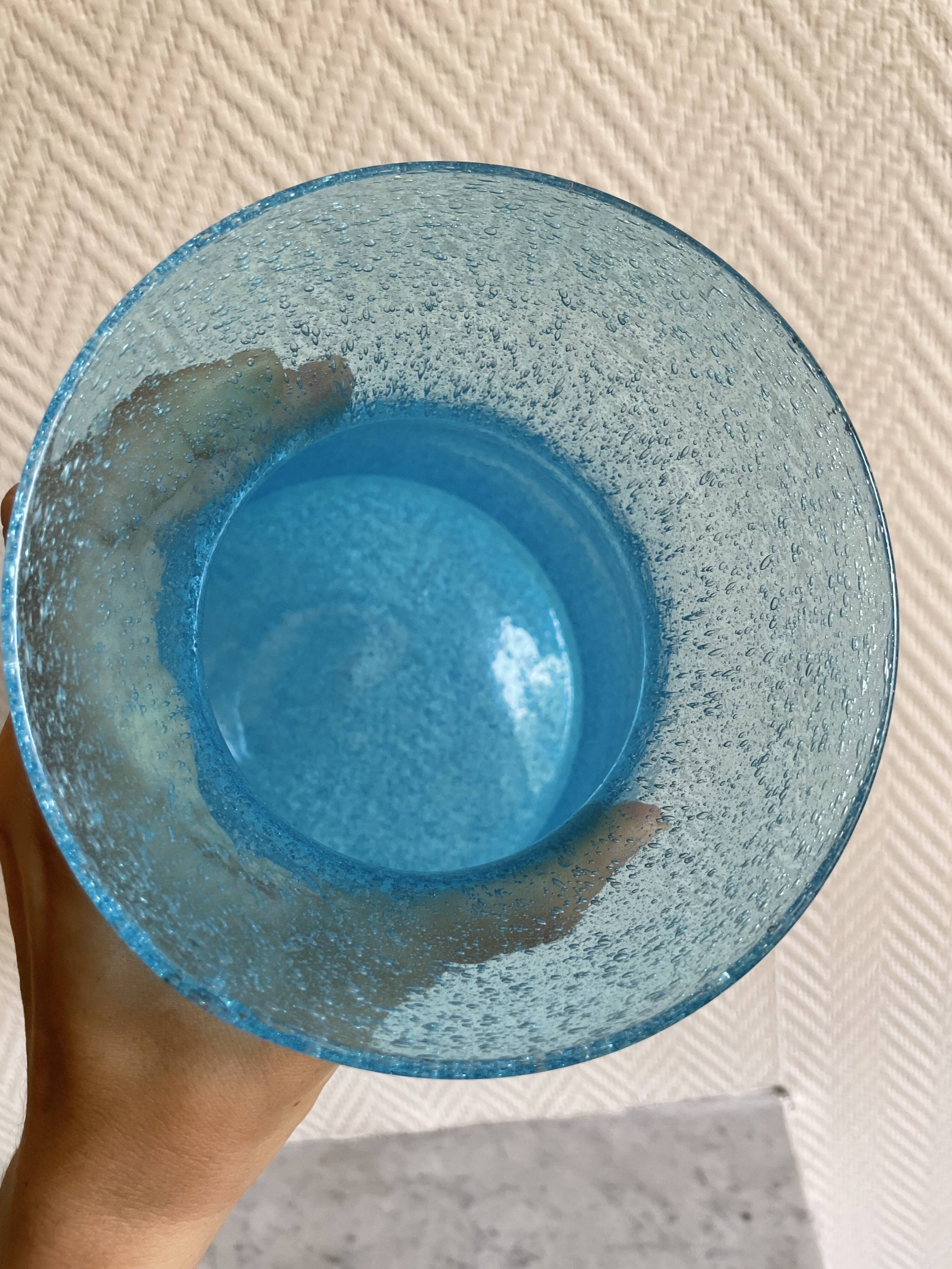 Blue glass vase with encrusted bubbles