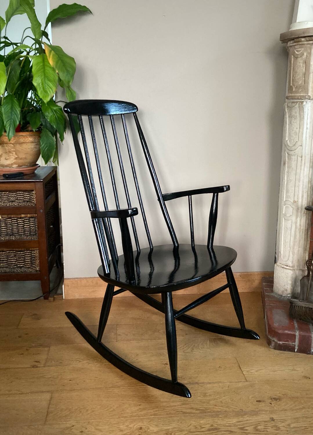 Vintage Scandinavian rocking chair in blackened wood from the 1970s