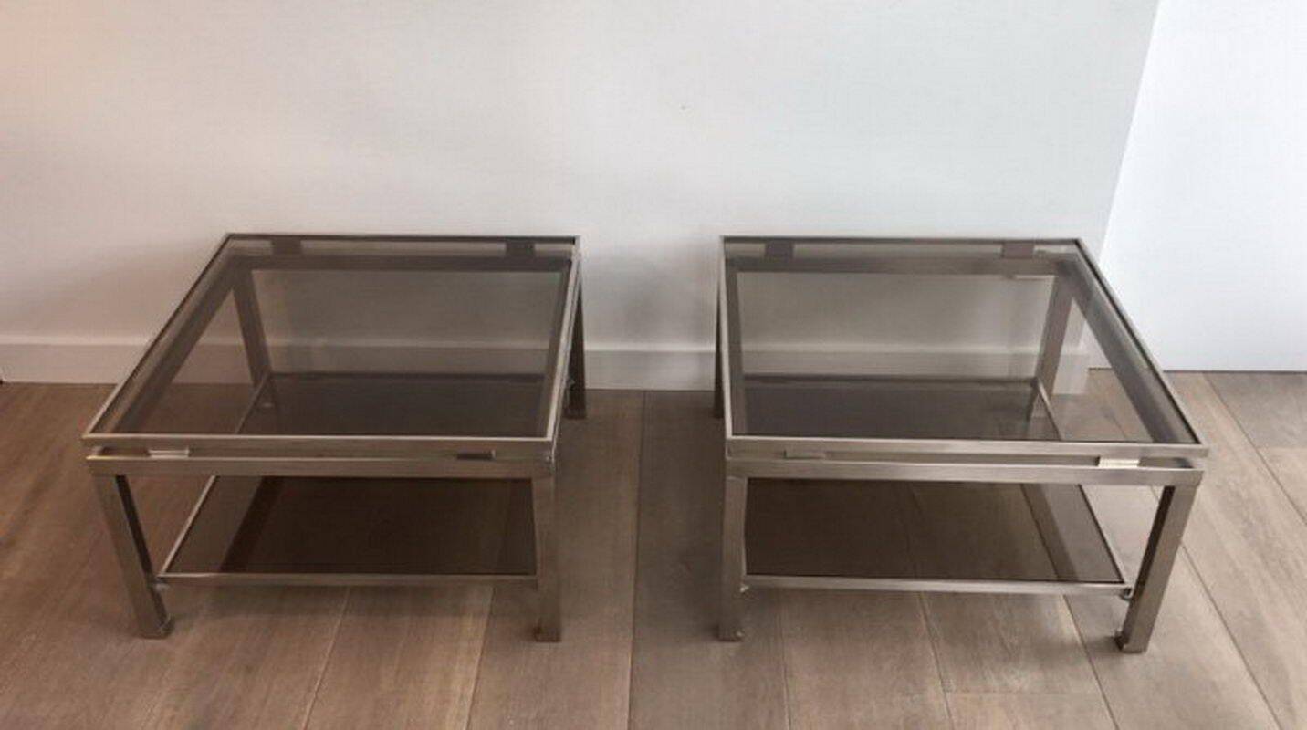 Pair of side tables in brushed steel. Guy Lefèvre for Maison Jansen