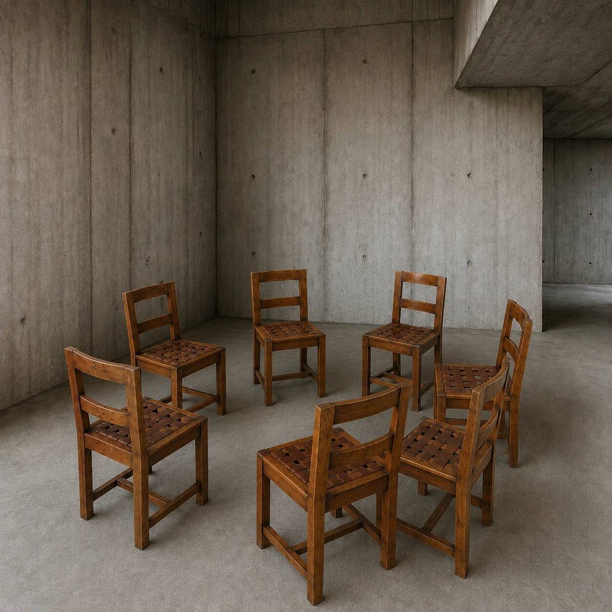 6 × chairs / dining table in oak / table openwork top / 2 inlaid glass panels / open woven leather seats / original set in very good condition / France 1950s