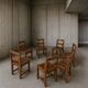 6 × chairs / dining table in oak / table openwork top / 2 inlaid glass panels / open woven leather seats / original set in very good condition / France 1950s