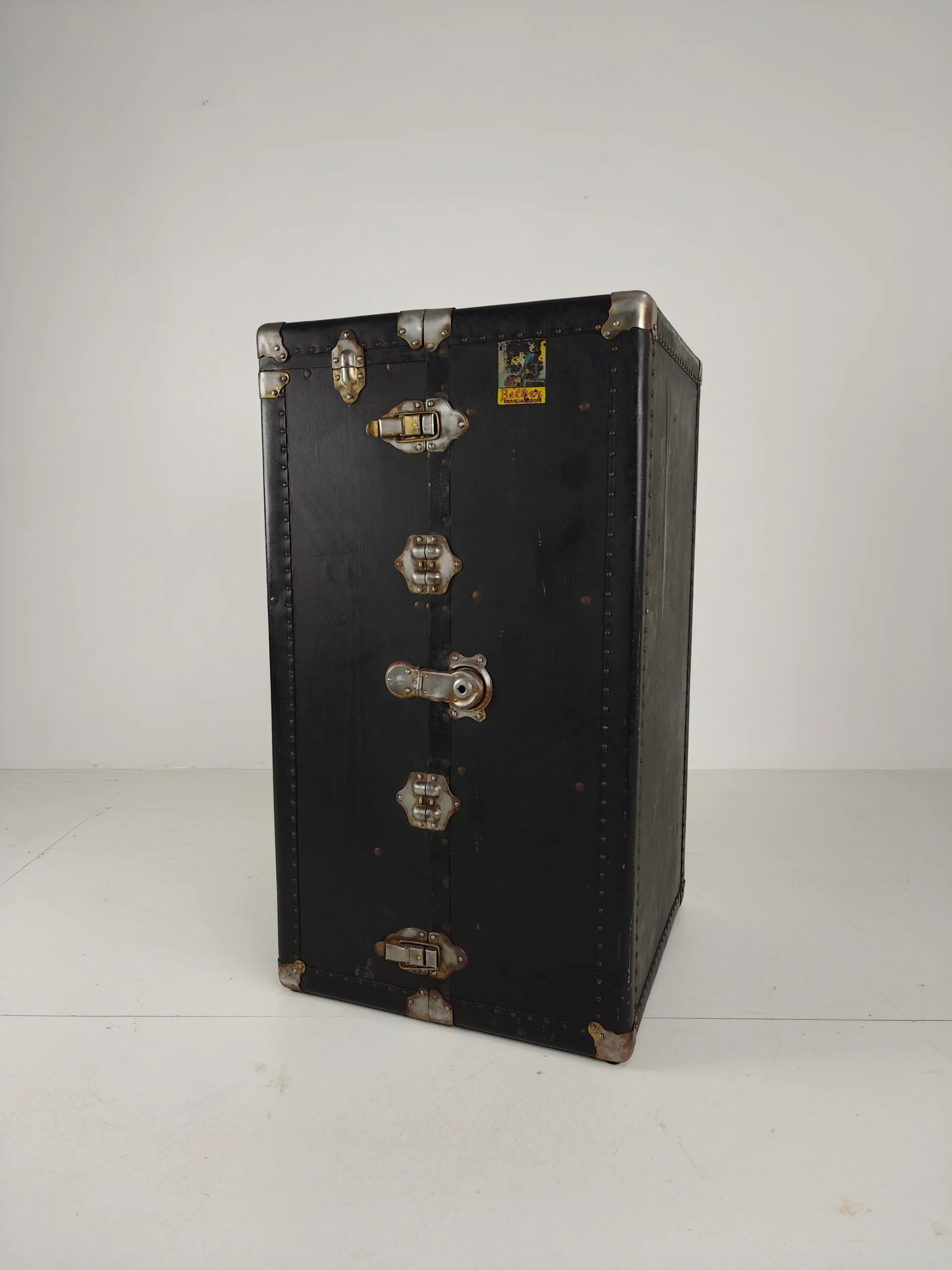 Antique 1924 Belber black leather steamer trunk - large travel wardrobe